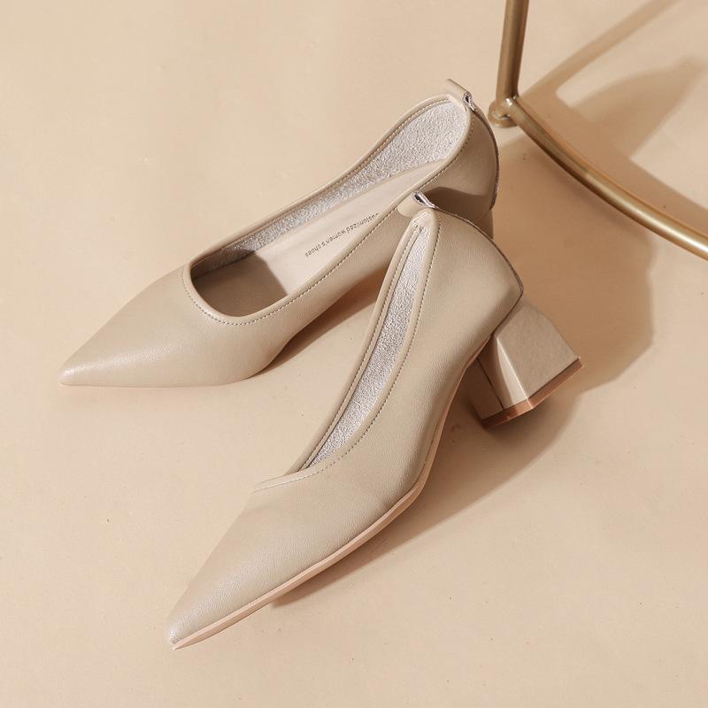 

- Leather new shallow high-heeled pointed spring single shoes women s commuter thick-heeled soft leather shoes 34 чорний
