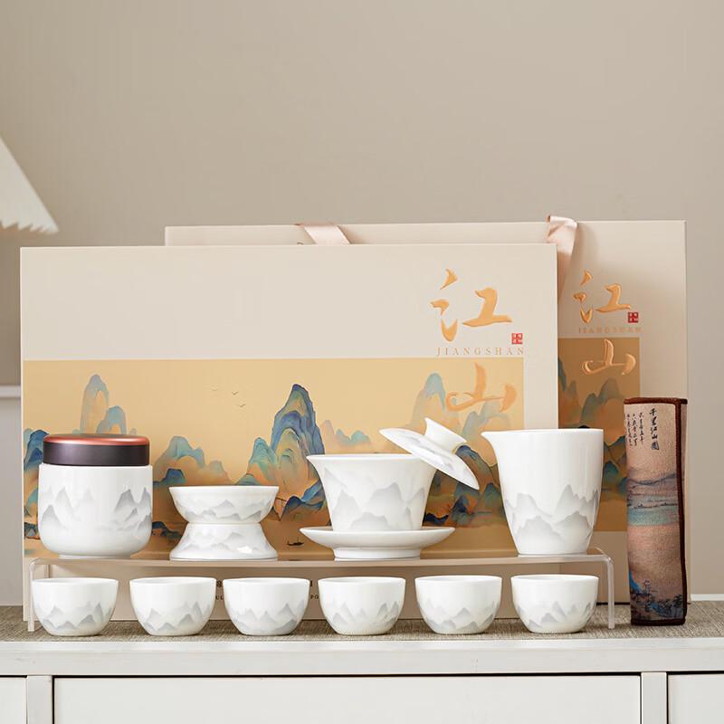 Mutton Fat Jade White Porcelain Tea Set with Ink Landscape