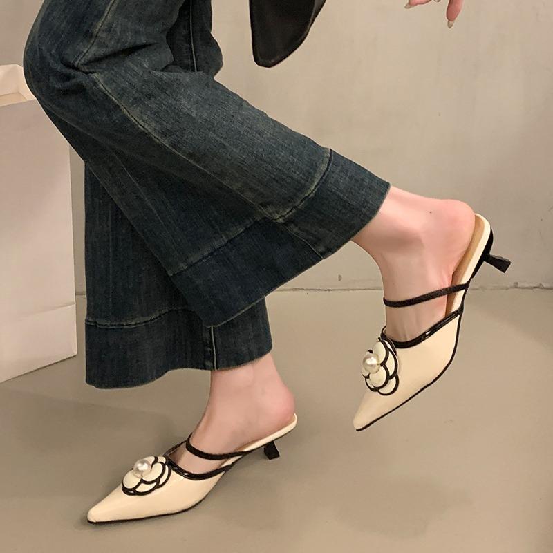 Fashion 2025 New Solid Color Flower Baobao Head Half Drag Shoes Summer New Temperament Pointed Head Fashion Comfortable Casual Shoes