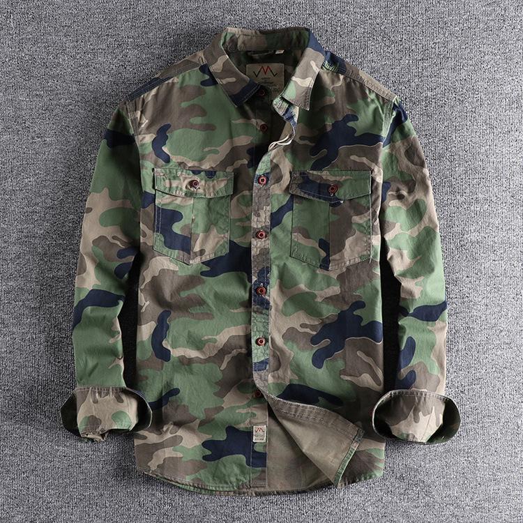 Men's Camouflage Military Workwear Shirt - Long Sleeves, Double Pockets, Casual Style