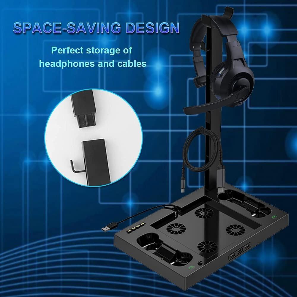 Suporte para Xbox Series X com ventoinha, estação de carregamento para dois controles com 4 ventoinhas de resfriamento, 1 suporte para fone de ouvido, pacote com 2 baterias recarregáveis de 1400 mAh