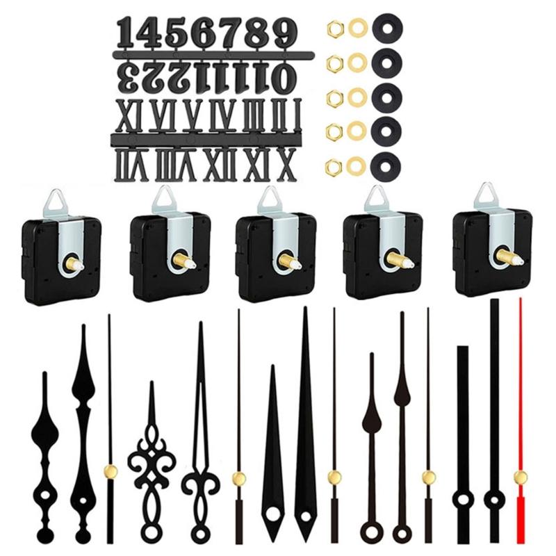 5Pieces Quiet Quartzs Clock Movement Mechanism Kits with Hands and Numerals Battery Operated for DIY Wall Clock Repair