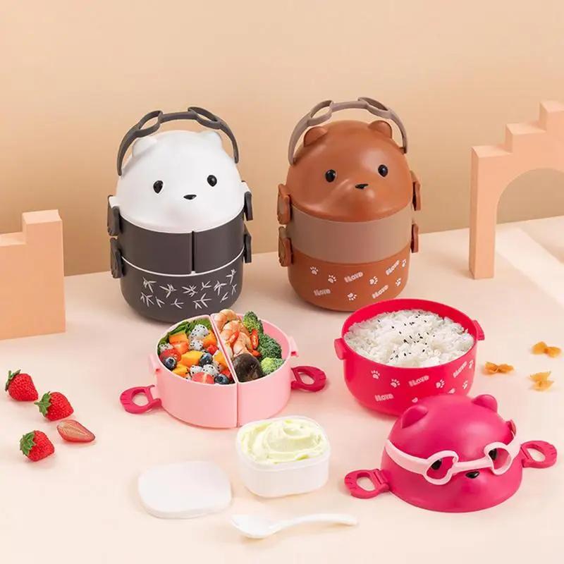 Lunch Box Portable Insulated Lunch Container Set Stackable Bento Cartoon Eyeglass Bear Shape Food Storage Container For Kids