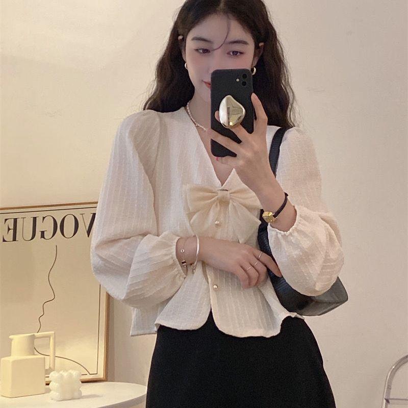 Pink V-Neck Puff Sleeve Bowknot Shirt - French Chic Women's Spring Top