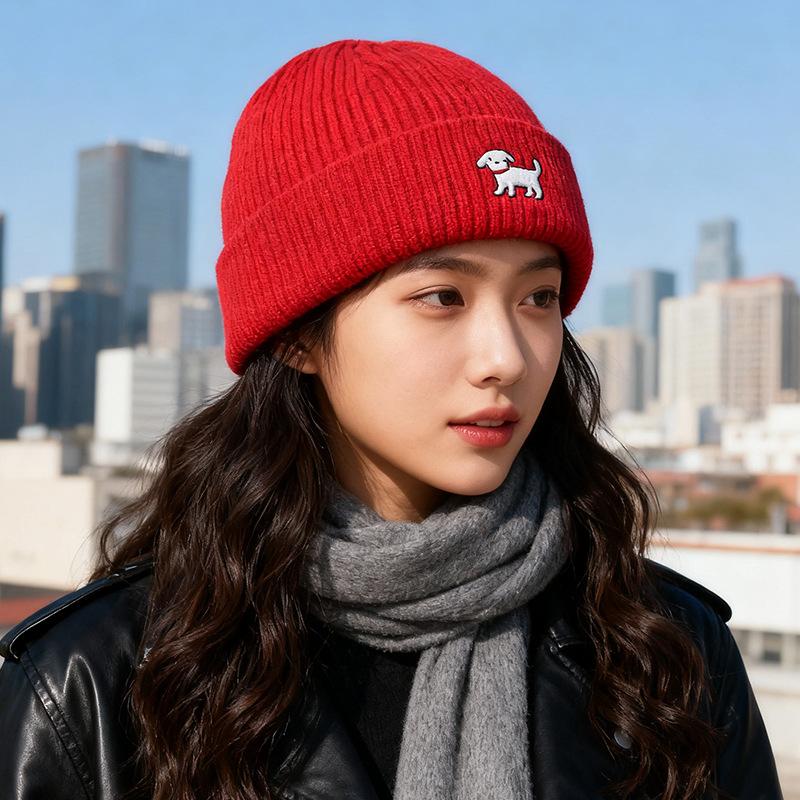 Bestickte Strickmütze für Damen Herbst und Winter Koreanische Version All-Match Wollmütze Kleines Gesicht Großer Kopfumfang Warme Mütze