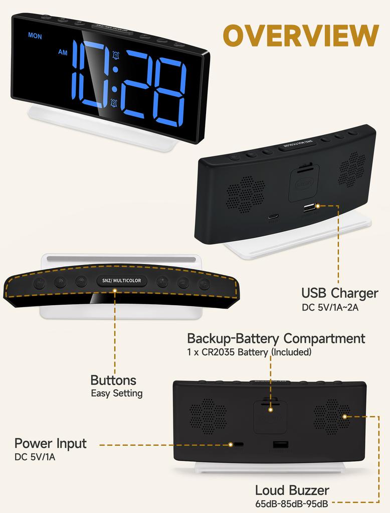 RGB Digital Clock HD LED Digital Screen Reliable Memory 7 Color Night Light Adjustable Volume Small Bedside Clocks for Bedroom