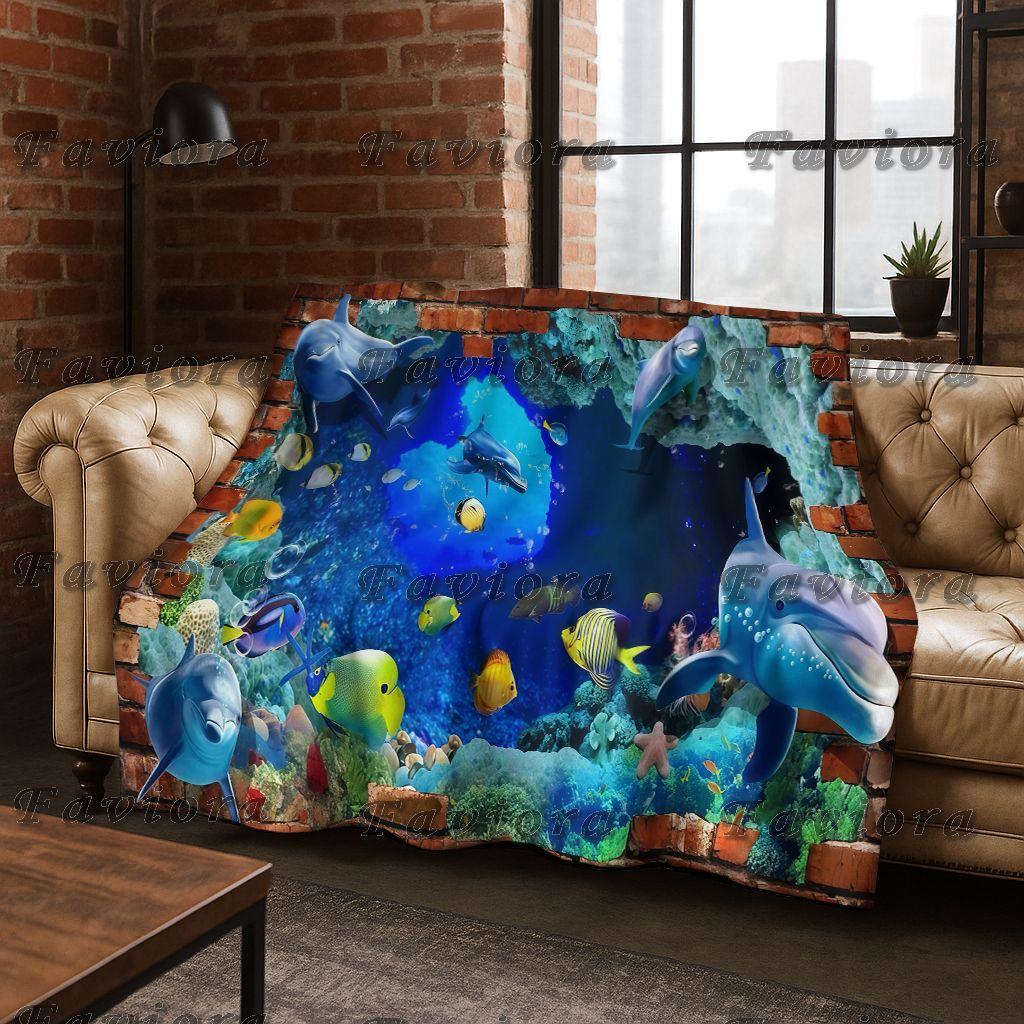 26 Style 3D Illusion Sea Underwater World Dolphin Flannel Blanket,Cozy Soft Throw Blanket for Home Bedroom Bed Sofa Cover Gift