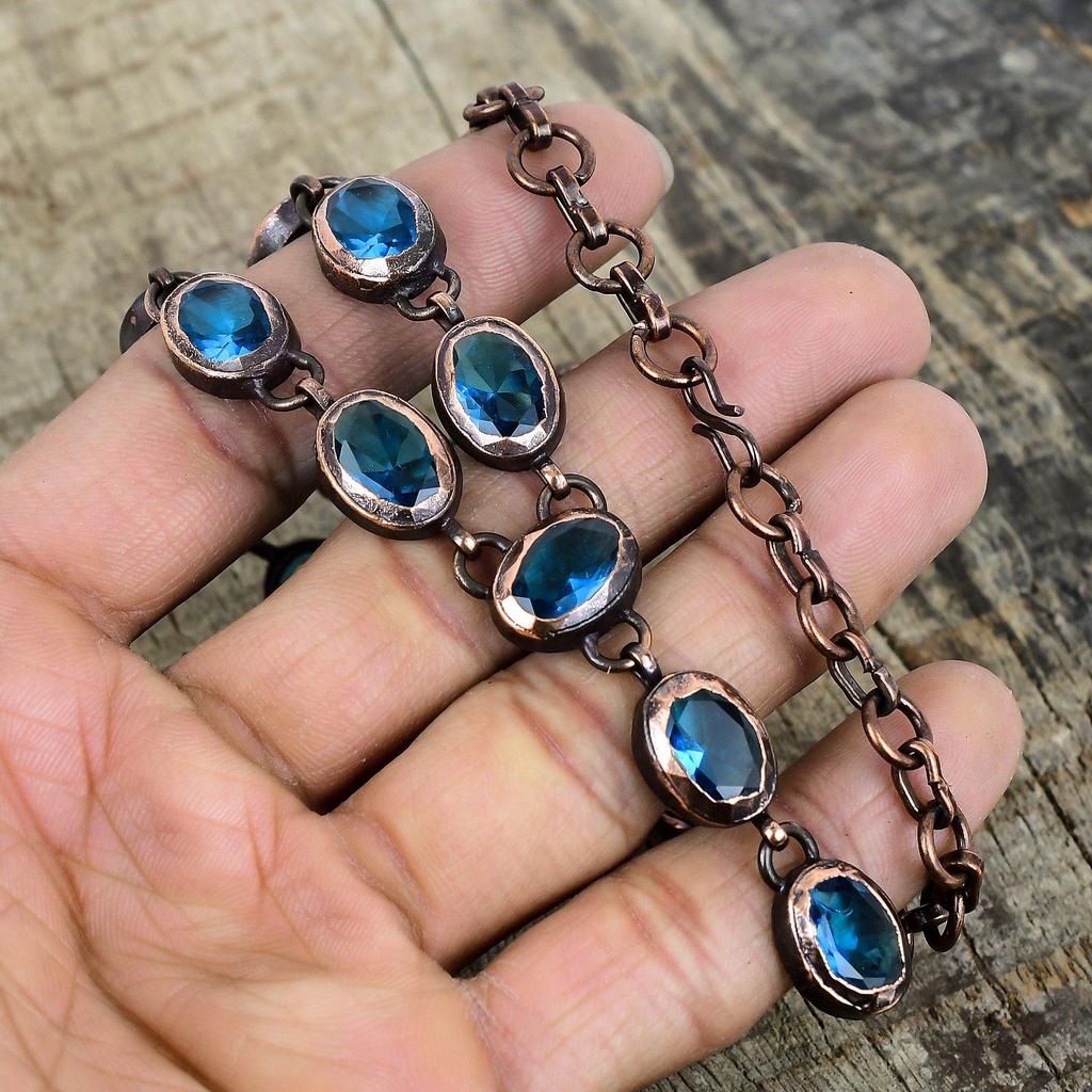 Faceted swiss blue topaz necklace electroformed copper gemstone necklace adjustable chain necklace handmade copper jewelry gifts for mother