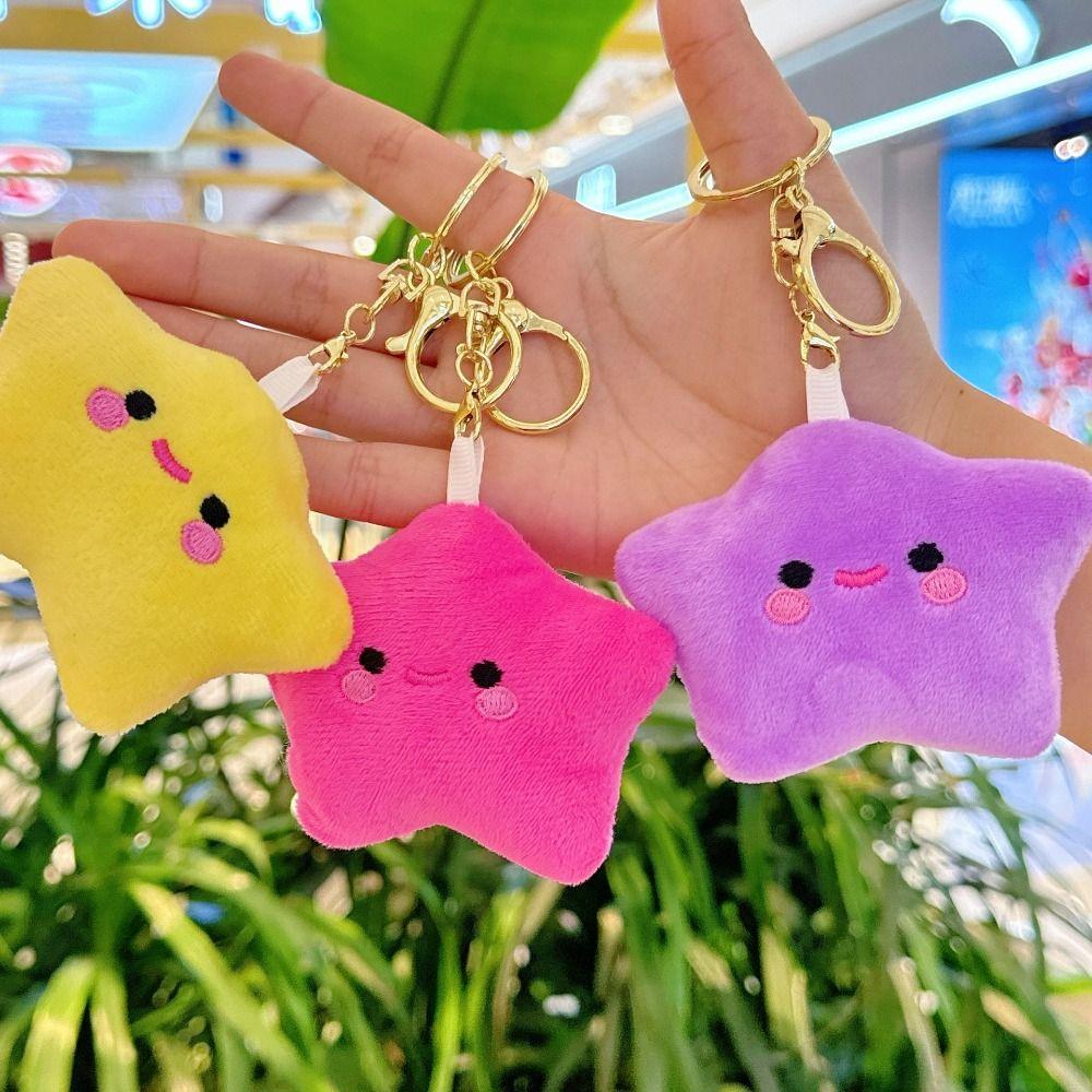 Pom Pom Starfish Smile Star Key Ring Fluffy Fur Smile Stars Backpack Pendant  Holiday Gift
