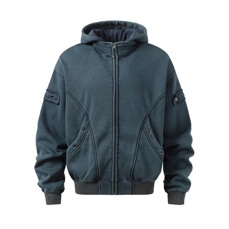 Mens Oversized Hooded Zip-Up Sweatshirt With Graffiti Print Patch Detail Fleece-Lined Streetwear Fall