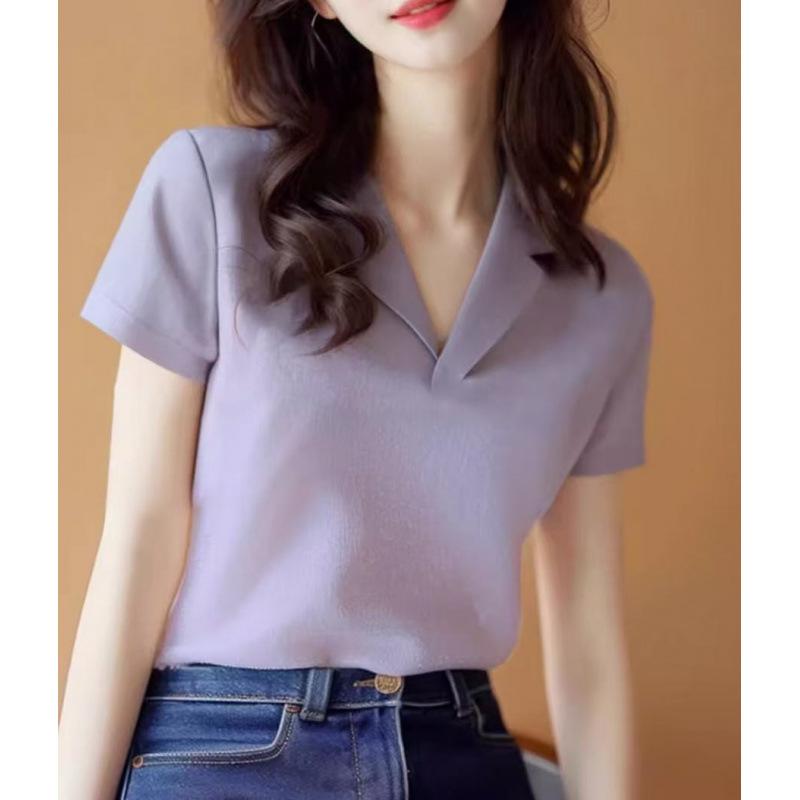 New Design Summer Temperament Top Purple Slim-fit Front Shoulder Short-sleeved T-shirt Women's Summer