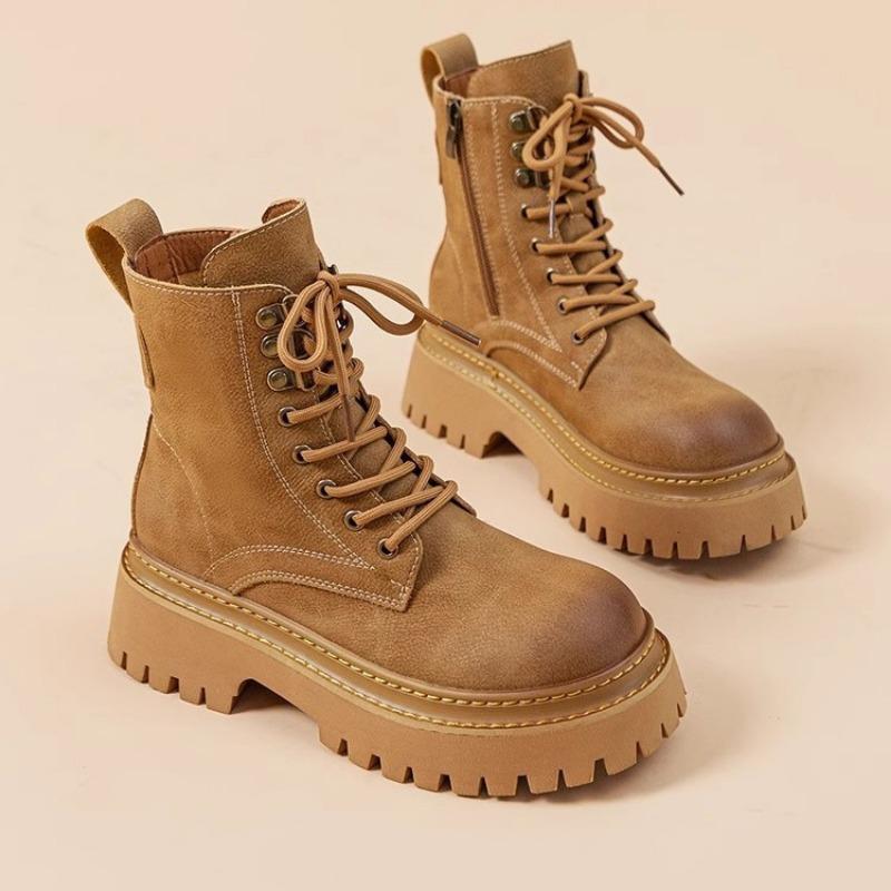Comemore Ankle Boots for Women Leather Autumn Ladies Shoes Thick Heel Platform Motorcycle Boots British Work Short Botas