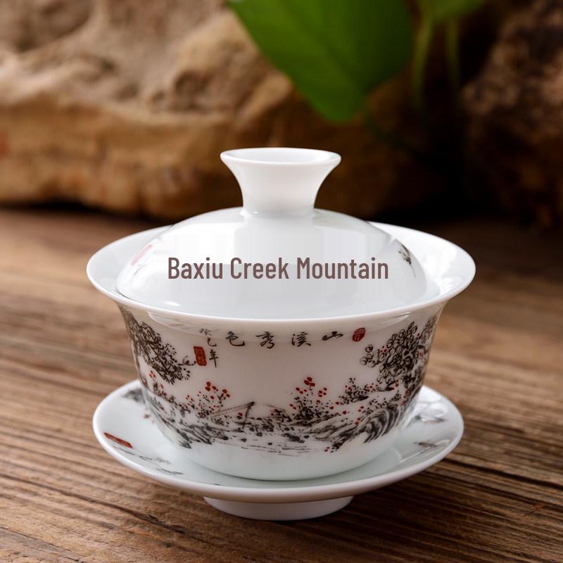 3.4-Inch Blue & White Ceramic Gaiwan Tea Set - 3-Piece, 100ml Capacity