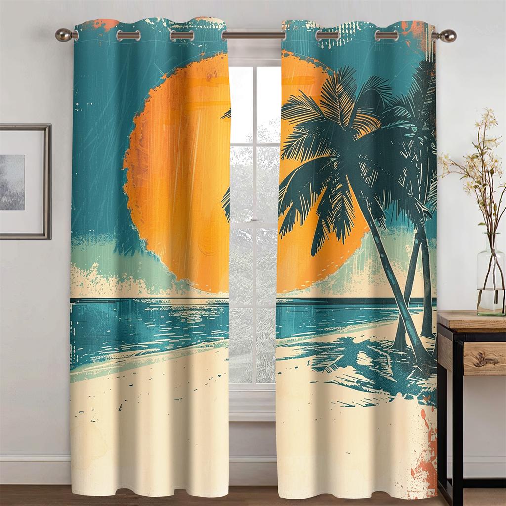 3D Palm Tree Sea Coast Retro Sea View Curtains Beach Sunset Living Room Bedroom Kitchen Balcony Decor New Products Promo 2 pcs