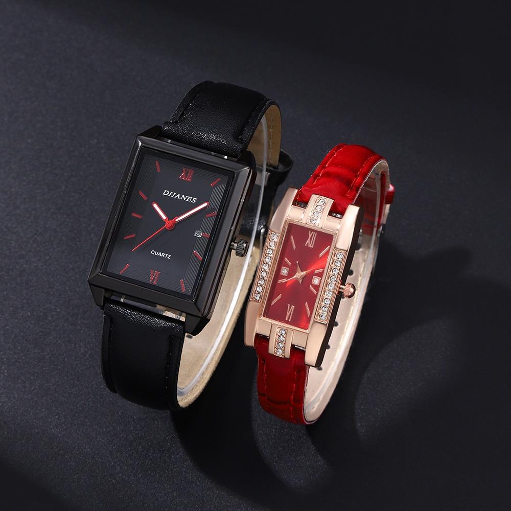 2 Stück/Set Elegantes Paaruhr-Set Römisches Ziffernblatt Quadratisches Zifferblatt Schlichte Uhr | Formeller Anlass | Accessoire-Sets | Geschenk