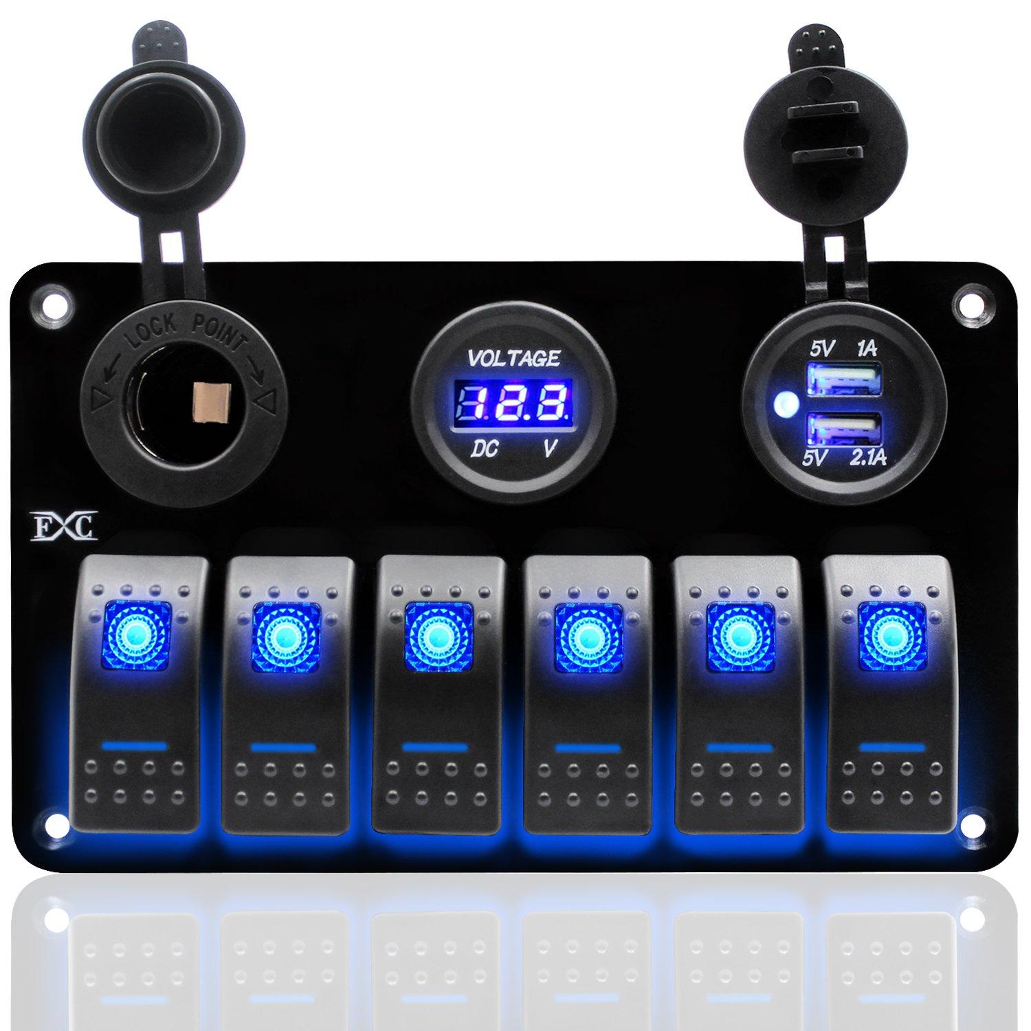 

FXC 12 Volt Aluminum Marine Boat Rocker Switch Panel Waterproof 6 Gang Toggle Switch Panel Green LED Lighted for Car Truck RV UTV ATV with USB синий