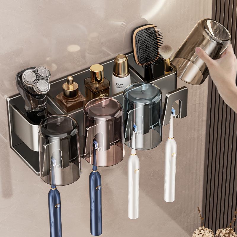 Wall-Mounted Toothbrush Holder and Mouthwash Cup, Punch-Free Space Aluminum Storage Rack
