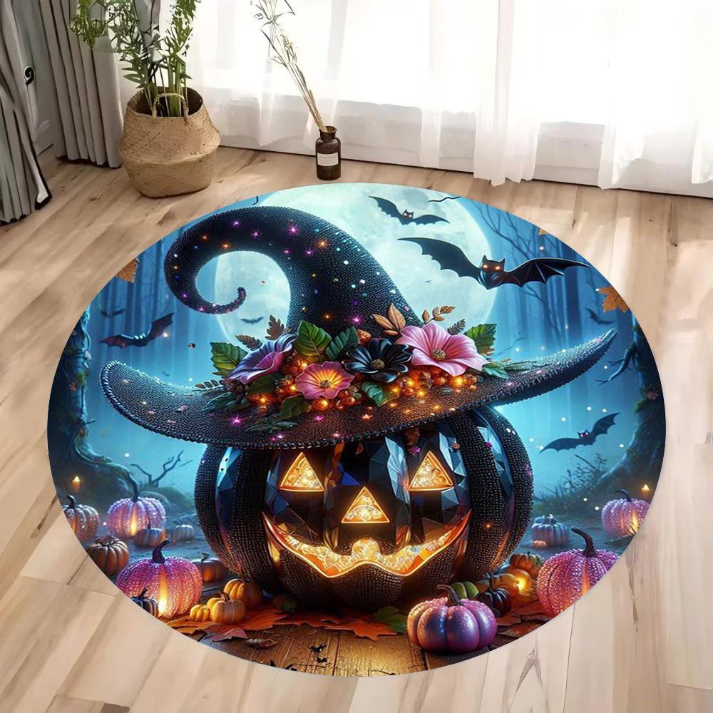 Halloween Pumpkin Magic Hat and Bat Circular Printed Carpet Halloween Themed Floor Mat Home Decoration Yoga Studio Gift