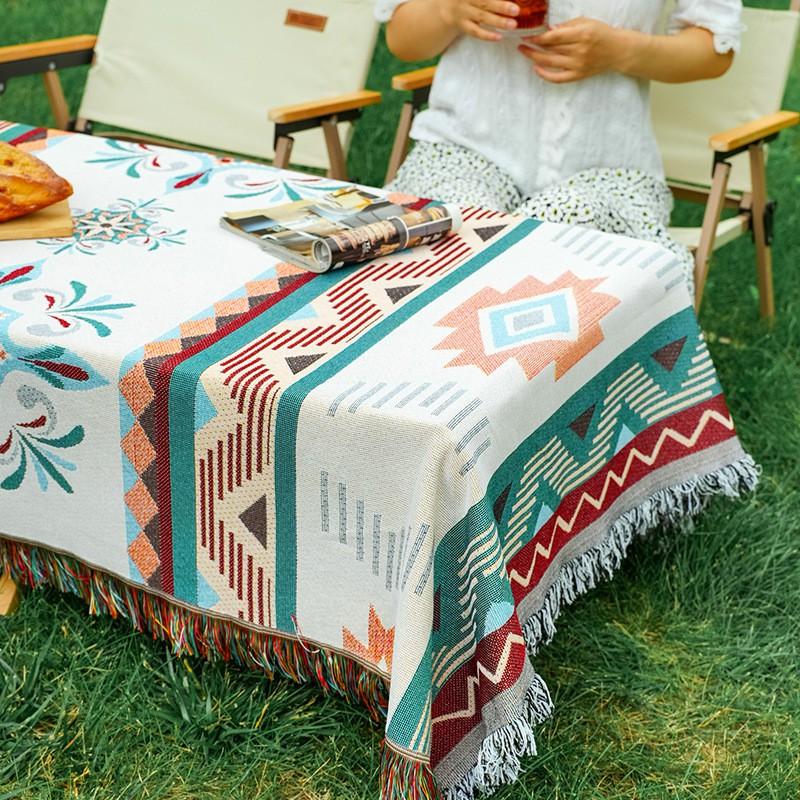 Bohemian Style Cotton Linen Tablecloth Picnic Blanket Outdoor Camping Mat Waterproof Ground Cover