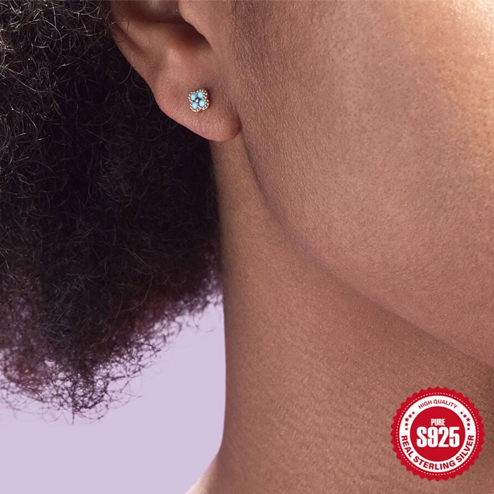 S925 Sterling Silver Sterling Silver Petal Diamond Turquoise Vintage Stud Earrings Douyin Popular Minority Earrings