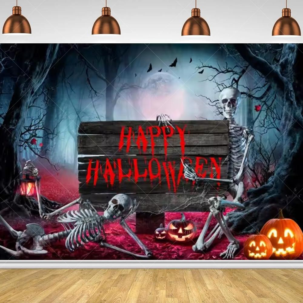 Halloween Horror Night Party Family Gathering Pumpkin Lantern Evil Witch Black Castle Cemetery Forest Background Cloth backdrop