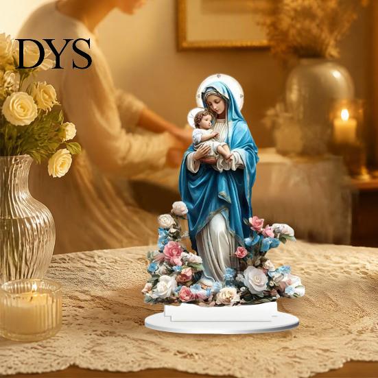 Spiritual Gift for Baptism Virgin And Angel Ornament, 2D Acrylic Religious Ornament with Catholic Statue Base, Table Centerpiece, Christian