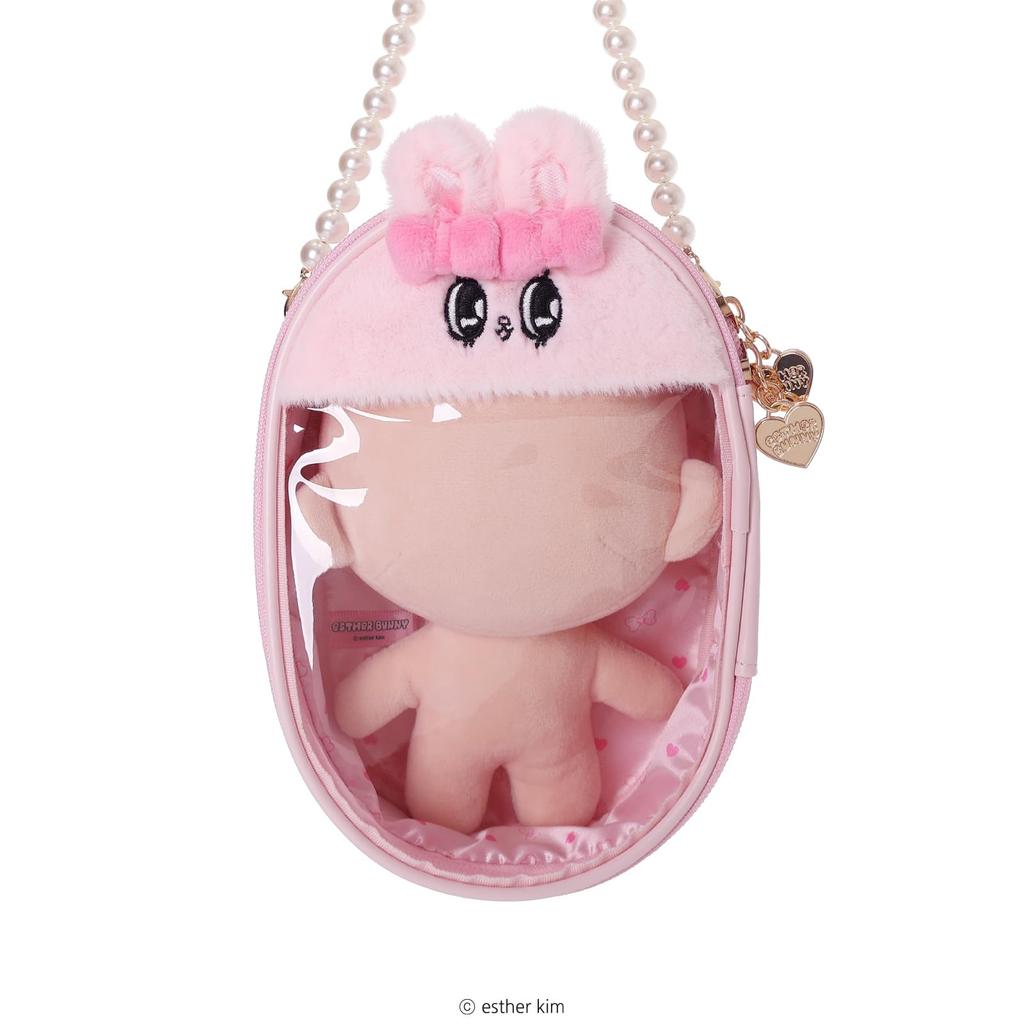 Z25326 Esther Bunny Plush Pouch, Large, Pink, with Pearl Strap and Heart-Shaped Charm, 19cm x 12.5cm x 6cm, 99g (Japan Domestic Market)