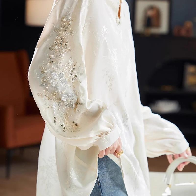 Plus Size Women's Heavy Industry Beaded Sequin Jacquard Top Spring and Autumn New Chinese Style Long-sleeved