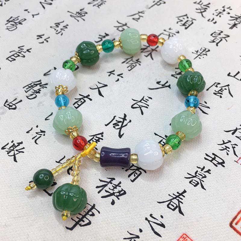 Women's Multi-Color Natural Jade Pumpkin Bead Bracelet