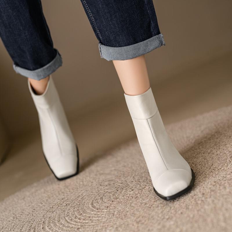 Fashion NEW Autumn Women Boots Genuine Leather Shoes for Women Square Toe Low Heel Shoes Retro Zipper Ankle Boots Concise Modern Boots