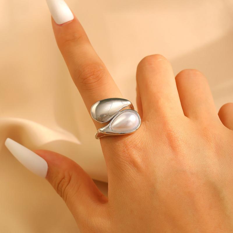 

Vintage Brown Stone Open Ring for Women Elegant Imitation Pearl Droplet Line Adjustable Index Finger Ring Gothic Party Zircon