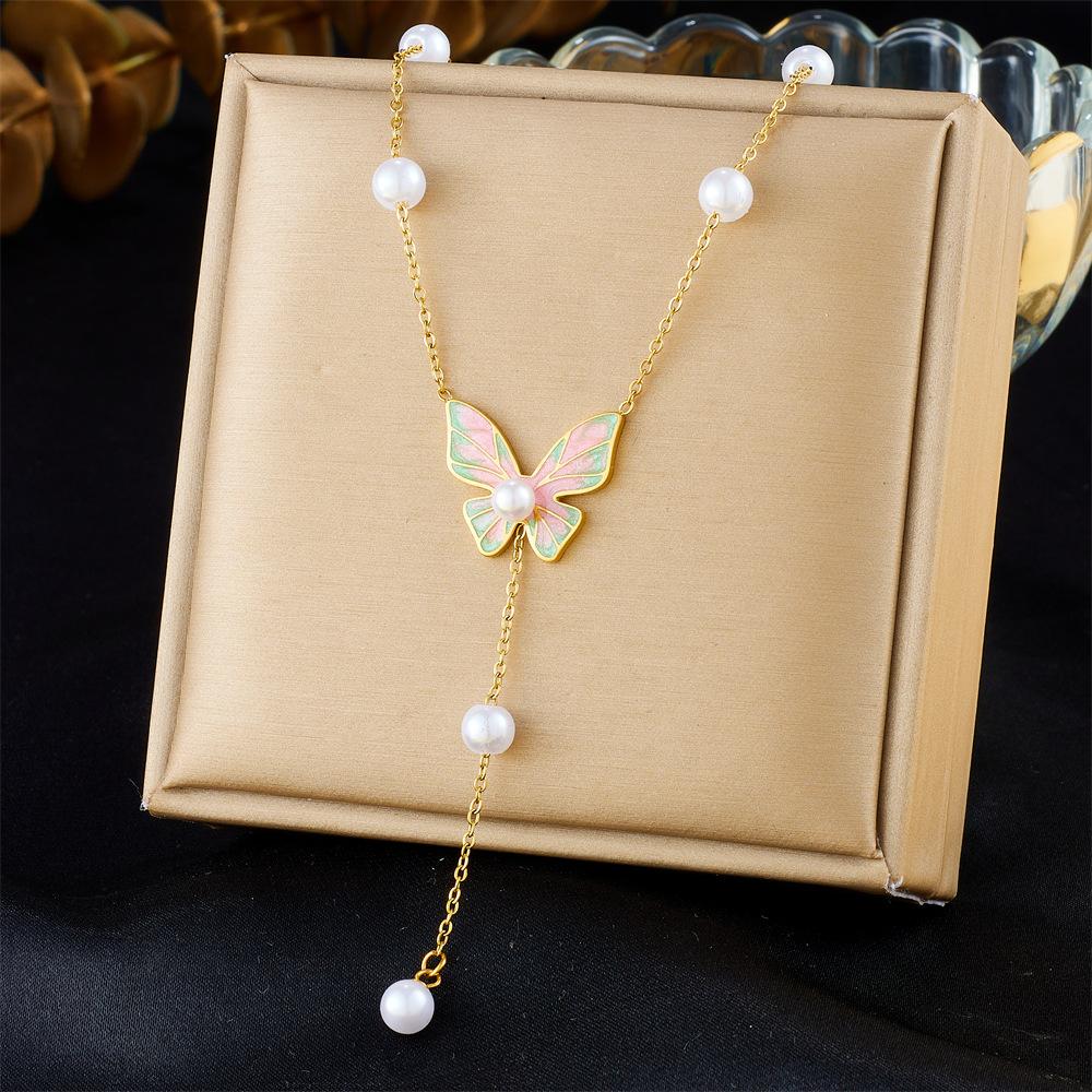 

Charming Nature Forest Drip Oil Colorful Butterfly Pearl Long Tassel Necklace Womens Jewelry