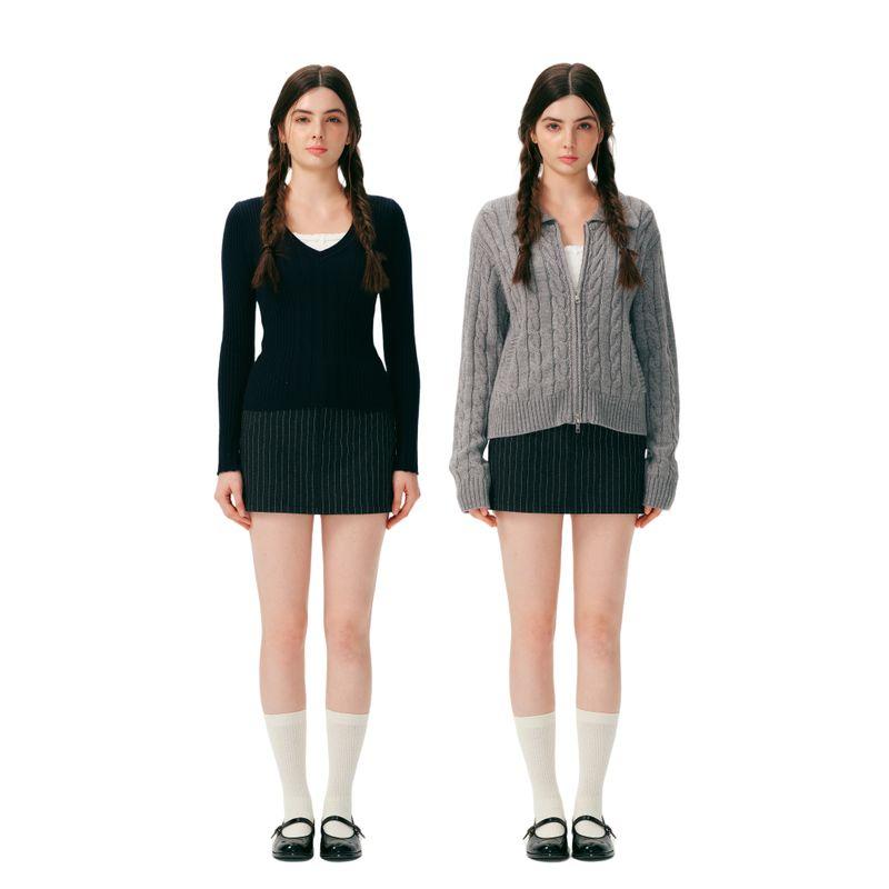 Yescci Fashionable Straight Skirt Stripe Woolen Skirt