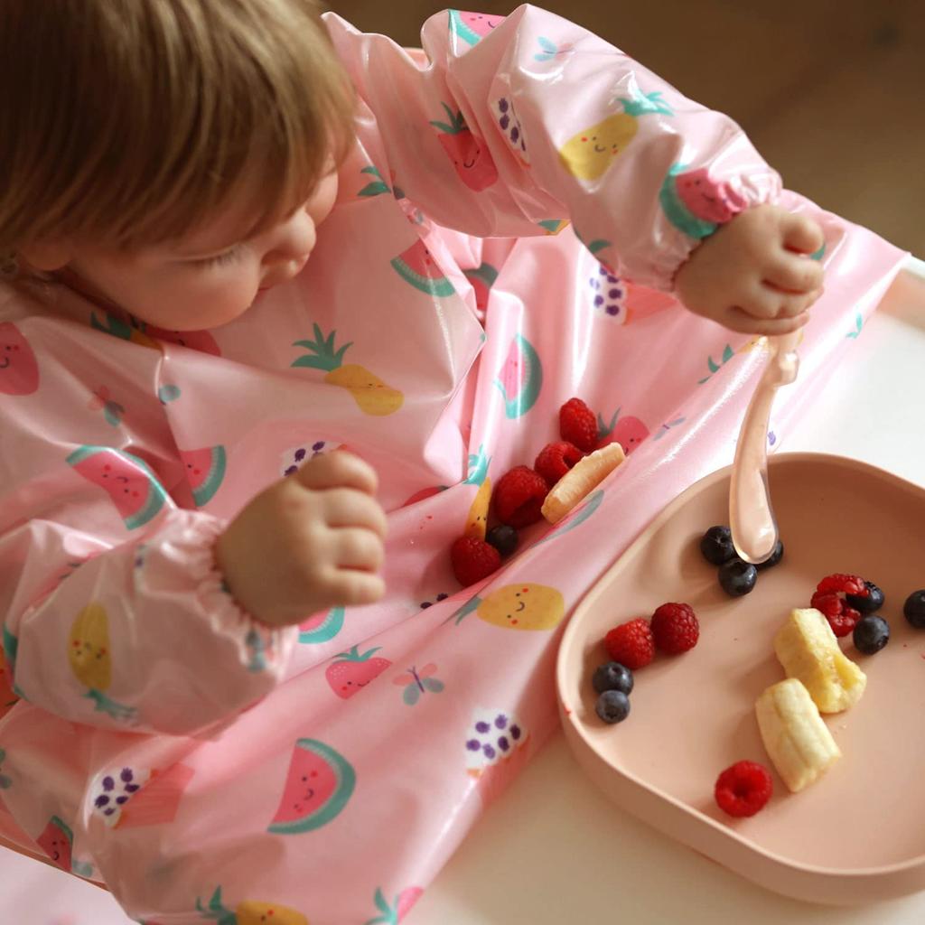 Meal Apron Machine Washable Baby Food Meal Apron Wipe Easy Coverall Long Sleeve Bib Table Cloth Pink Yami Treat [Bibetta]