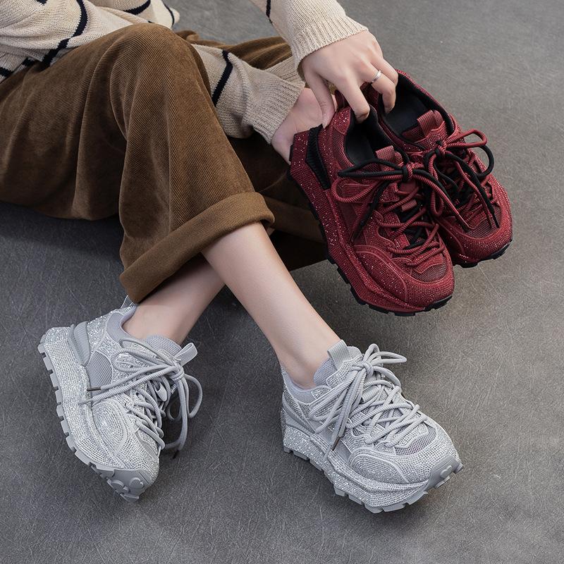 Mode 5,5CM Mode Damen Atmungsaktive Air Mesh Schuhe 2025 Sommer Dicke Sohle Plateau Lässige Sneaker Glänzender Strass Runde Zehenschuhe