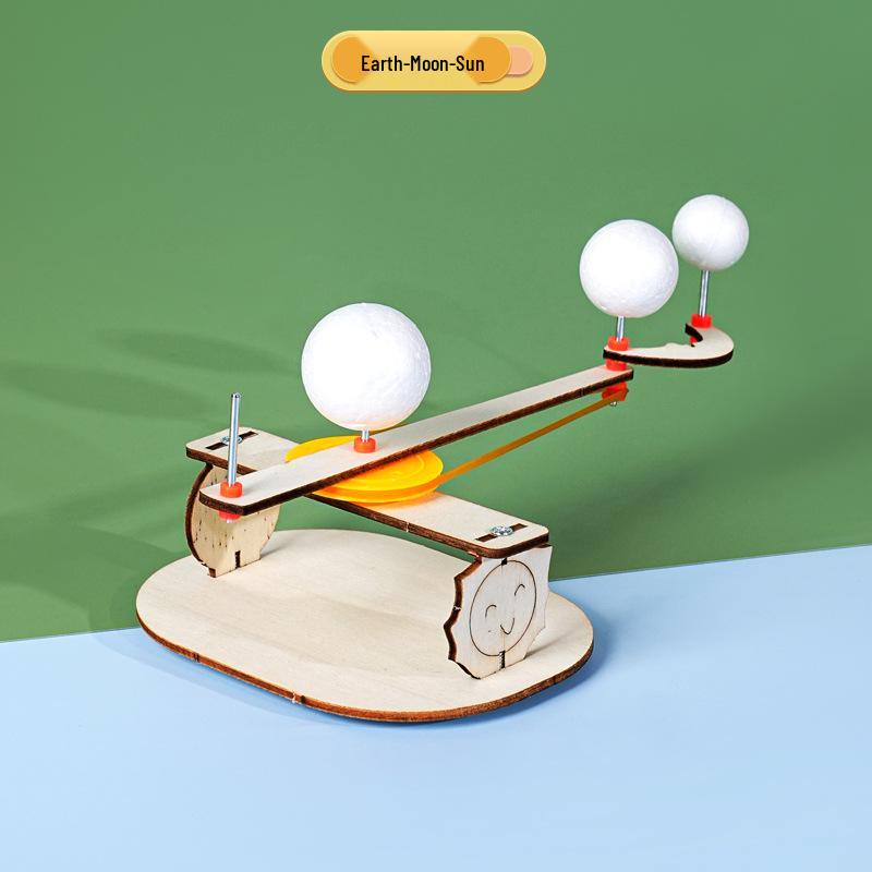 Handmade DIY Wooden Orrery: Earth-Moon-Sun Model for Primary School STEAM Assembly Experiment.