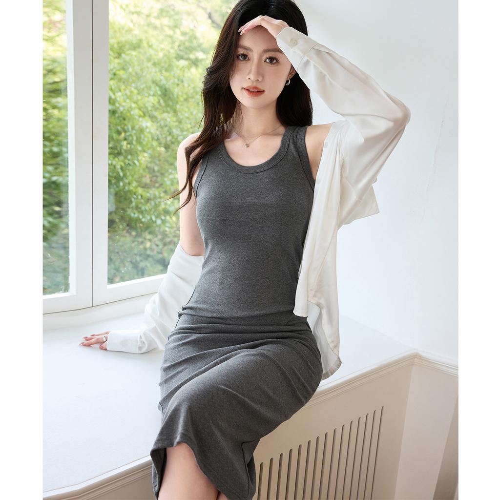 Overknee-Westenkleid für Damen, Sommer, reine Baumwolle, neue schmale Passform und schmaler innerer langer Rock