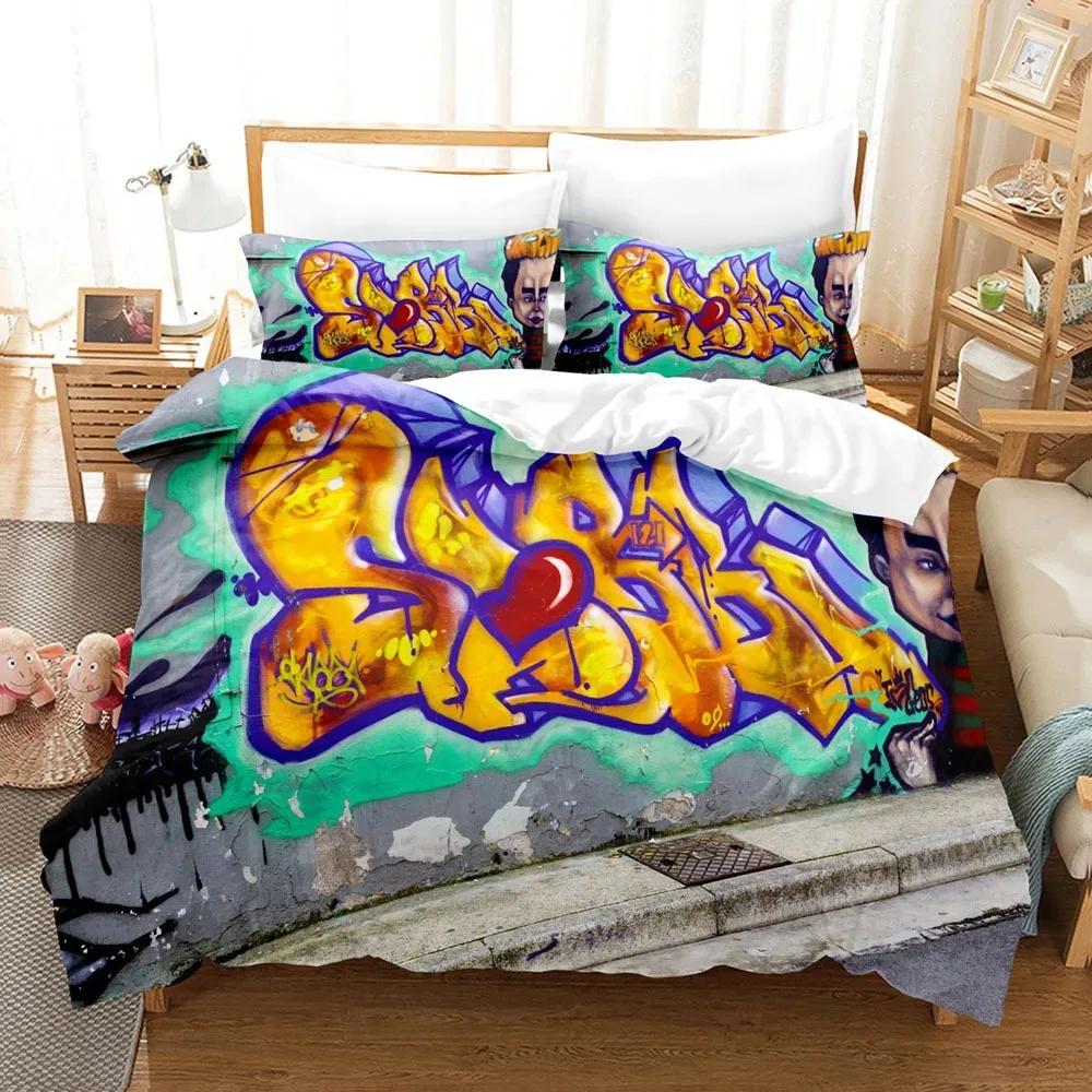 Grafiti Soft Duvet Cover Set Ten Style Patern Beding Stret Culture Decor Set King Quen Sized Dimensions Hip Hop Polyester Warm Comforter Cover