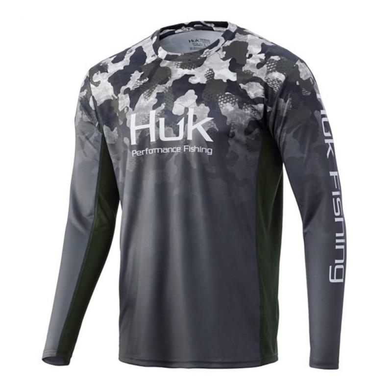 T-shirt da pesca HUK a maniche lunghe con girocollo, anti-ultravioletti, ad asciugatura rapida, leggera e traspirante per esterni