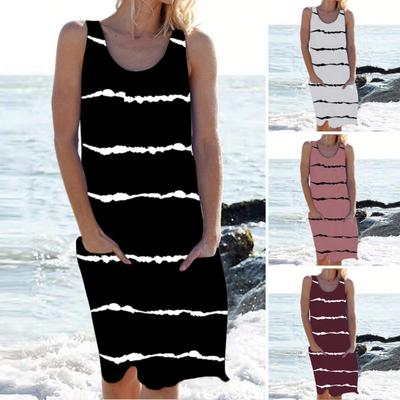 Damska Sukienka Tank Bez Rękawów Letnia Codzienna Sukienka Tuniczna z Okrągłym Dekoltem z Kieszenią Luźna w Paski Plażowa Sukienka Letnia Kostium Kąpielowy Bikini Cover-Up