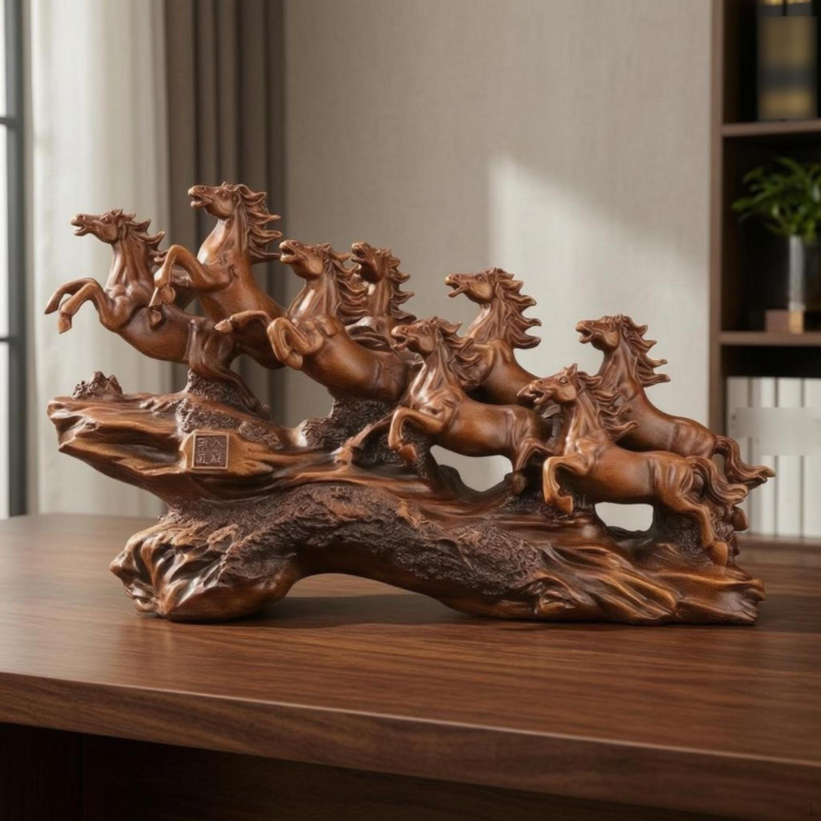 Rearing Horse Sculpture WoodGrain Base Statue Glossy Finish