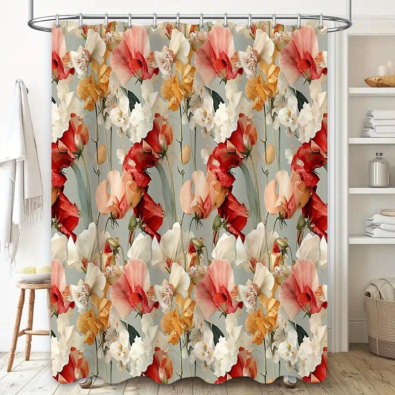 Floral Shower Curtain Botanical Flowers Green Grey Bathroom Decor Vintage Rustic Farmhouse Washable Waterproof Modern Style