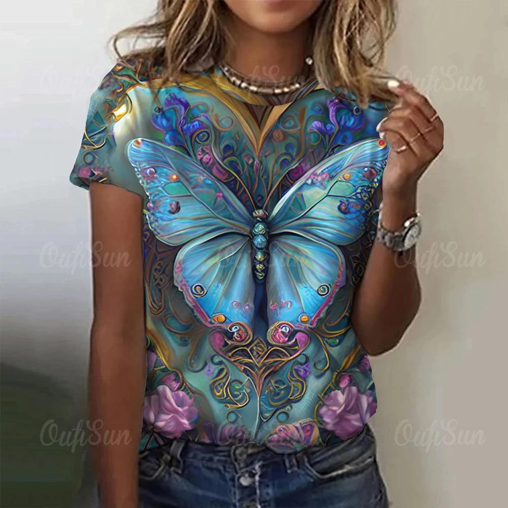 Summer Women 3D Butterflies Printing T-shirt Vintage Tops Tees Fashion Short Sleeve Clothing Female