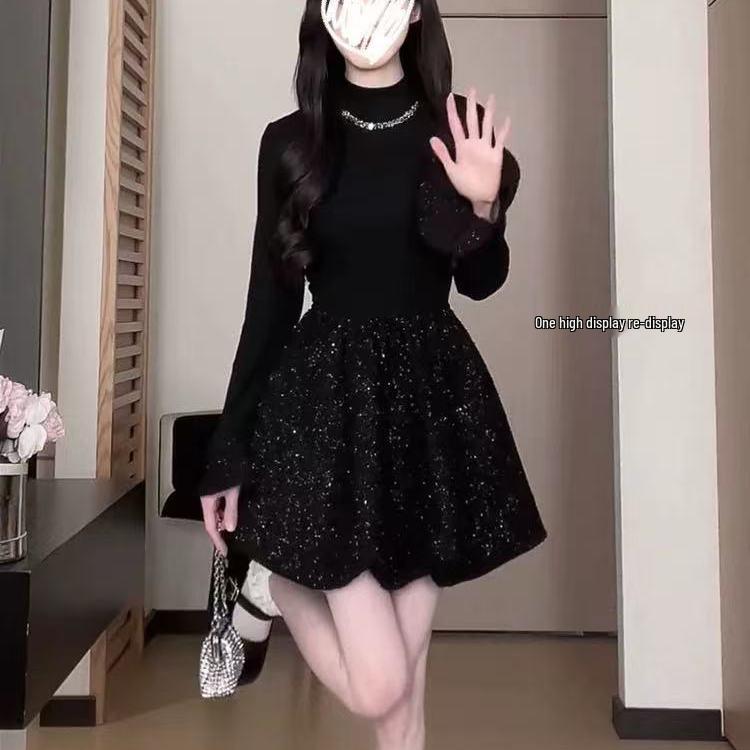 

2025 Черное осенне-зимнее пальто-платье макси, стройнящее талию Small