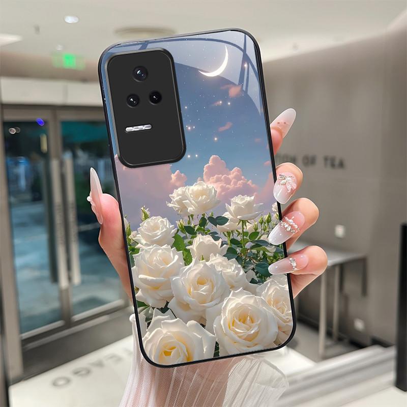 Beautiful Flower Cute Cats Case For Xiaomi Poco F4 5G / Redmi K40S Tempered Glass Phone Case Protective Back Cover Hard Shell