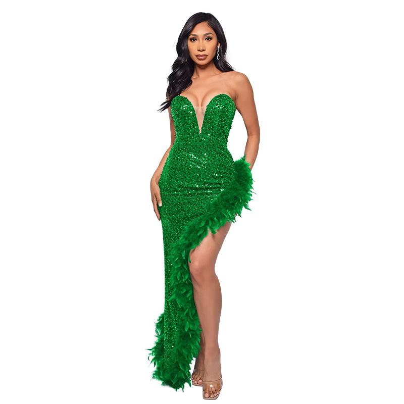 Women's Dress Long Haute Couture Strapless Backless Sequin Dress Feather Patchwork Gown