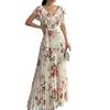 European and American Women's Clothing, New Spring Models, Floral Print Lotus Leaf Sleeve V-neck Pleated Long Dress
