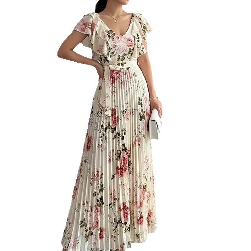 European and American Women's Clothing, New Spring Models, Floral Print Lotus Leaf Sleeve V-neck Pleated Long Dress