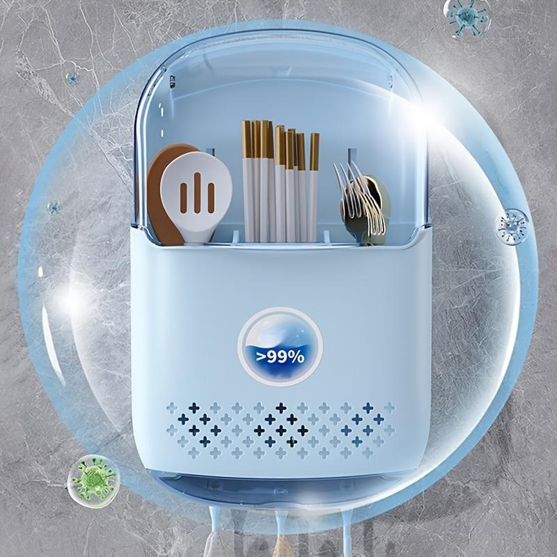 Wall-Mounted Draining Chopstick Holder with Three Compartments Designed with Breathable Holes And Hooks for Cutlery Storage