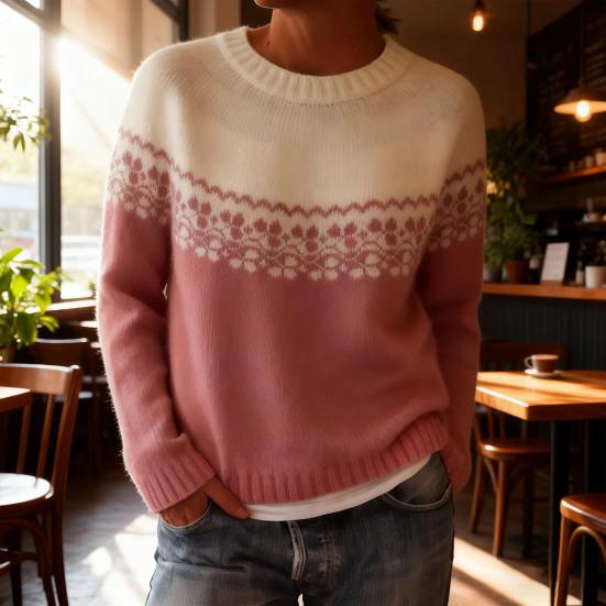 Women Sweater Round Neck Long Sleeve Patchwork Color Pullover Tops Loose Fit Autumn Winter Knit Tops